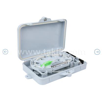 Glasfaser-Abschlussbox FTKS-1805-04A, 4 SC/APC SM SX-Adapter, Pigtail installiert, FTTH FTTx-Spleißen, Verteilung, Aufteilen, Speicher, Kabelmanagement, Gehäuse, Wandmontage