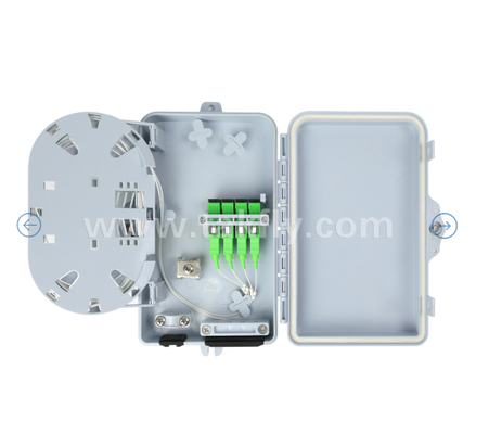 Glasfaser-Abschlussbox FTKS-1805-04A, 4 SC/APC SM SX-Adapter, Pigtail installiert, FTTH FTTx-Spleißen, Verteilung, Aufteilen, Speicher, Kabelmanagement, Gehäuse, Wandmontage