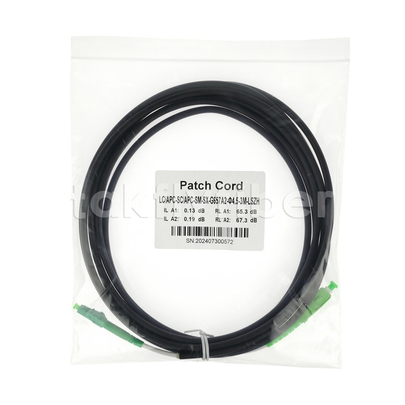 Telekommunikationsgrad CPR Dca Zertifiziert 4,5 mm Doppelschutz Fiberoptic Patchcord SM G657AB3 LSZH Schwarze Jacke SCAPC bis LCAPC